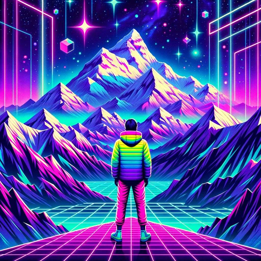 someone gazing at Mount Everest, digital art, synthwave
